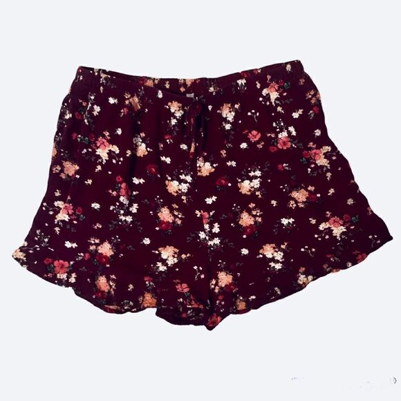 Xhilaration Pants - Xhilaration Maroon Floral Ruffled Rayon Shorts Size Medium
